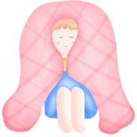 uma desenho animado menina é sentado e chorando dentro uma Rosa cobertor isolado em transparente fundo png