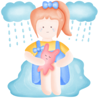 a cartoon girl holding pink rabbit doll and crying in the rain  isolated on transparent background png