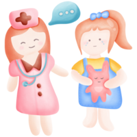 uma enfermeira dá adendo para uma menina em pé segurando uma Coelho boneca isolado em transparente fundo png