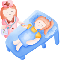 flicka liggande på säng och en sjuksköterska tar vård av och få medicin isolerat på transparent bakgrund png