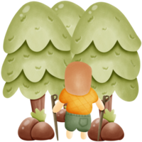 A person is hiking with a trekking stick looking at the trees isolated on transparent background png