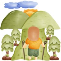 A person is hiking with a trekking stick looking towards the mountains. surrounded by trees with sun and clouds isolated on transparent background png