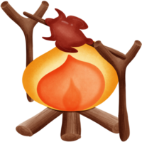 a campfire with a fire on it and grilled chicken isolated on transparent background png