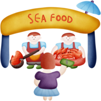 cartoon sea food market with people isolated on transparent background png