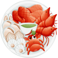 a seafood on a plate with shrimp crab fish shellfish salmon and seafood sauce isolated on transparent background png