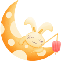 a cartoon rabbit holding lantern and sleeping on the moon isolated on transparent background png