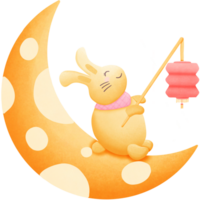 a cartoon rabbit holding lantern and sitting on the moon isolated on transparent background png