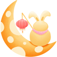 a cartoon rabbit holding lantern and sitting on the moon isolated on transparent background png