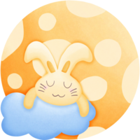 a cartoon rabbit sleeping on a cloud with a moon behind it isolated on transparent background png