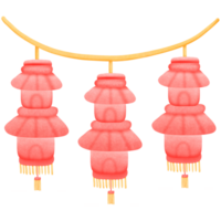 three red Chinese lanterns hanging on a string isolated on transparent background png