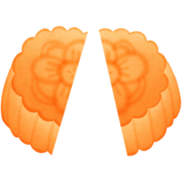 two orange slices of moon cake with flowers on them isolated on transparent background png