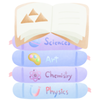 a stack of colorful books with the science art chemistry and physics with open history book on it isolated on transparent background png