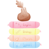 a stack of colorful books with the english biology music and sport with ink and feather on top isolated on transparent background png