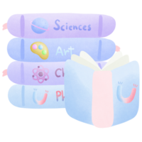 a stack of colorful books with the science art chemistry and physics with open physics book in front isolated on transparent background png