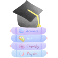 a stack of colorful books with the science art chemistry and physics with graduation cap on top isolated on transparent background png