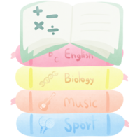 a stack of colorful books with the english biology music and sport with open math book on it isolated on transparent background png