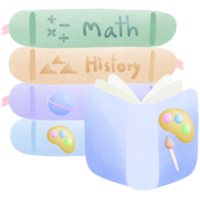 un' pila di colorato libri con il matematica storia scienza e arte con Aperto arte libro nel davanti isolato su trasparente sfondo png