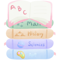 a stack of colorful books with the math history science and art with open english book on it isolated on transparent background png