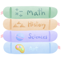 a stack of colorful books with the math history science and art isolated on transparent background png