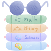 a stack of colorful books with the math history science and art with glasses on it isolated on transparent background png
