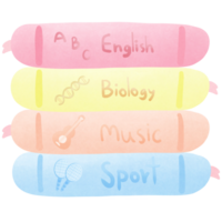 a stack of colorful books with the english biology music and sport isolated on transparent background png