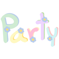 Colorful word Party decorated with flowers isolated on transparent background png