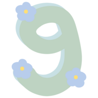 Green number 9 with flowers isolated on transparent background png