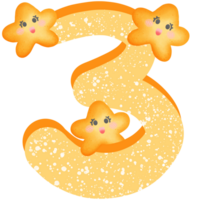 Yellow number 3 with yellow smile stars isolated on transparent background png