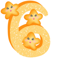 Yellow number 6 with yellow smile stars isolated on transparent background png