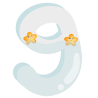 The number 9 has a star emoticon floating in the water isolated on transparent background png