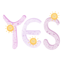 The word yes purple color with smile yellow sun isolated on transparent background png