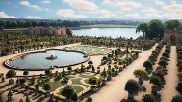 Photo of the beautiful gardens of the Palace of Versaille, France. Generative AI