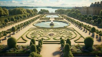 Photo of the beautiful gardens of the Palace of Versaille, France. Generative AI