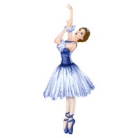 Dancing prima ballerina in elegant blue tutu and pointe shoes. A girl in a flexible pose on her toes. A performance in the theater, a rehearsal in a dance class. Isolated digital illustration. png