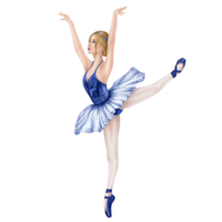 dansen prima ballerina in elegant blauw tutu en pointe schoenen. een meisje in een flexibel houding Aan haar tenen. een prestatie in de theater, een repetitie in een dans klas. geïsoleerd digitaal illustratie. png