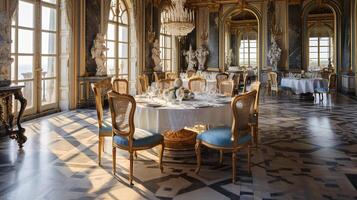 Photo of the dining room at the Palace of Versaille, France. Generative AI