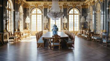 Photo of the dining room at the Palace of Versaille, France. Generative AI