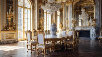 Photo of the dining room at the Palace of Versaille, France. Generative AI