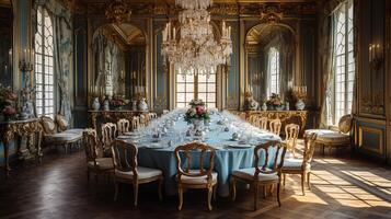 Photo of the dining room at the Palace of Versaille, France. Generative AI