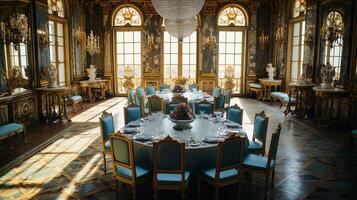 Photo of the dining room at the Palace of Versaille, France. Generative AI