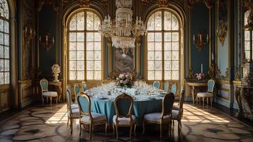 Photo of the dining room at the Palace of Versaille, France. Generative AI