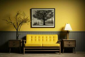 Scene of modern interior design yellow wooden bench,table lamp,frame on wall. Generative AI photo