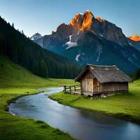 landscape mountain with hut photo