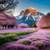 ai generativo montaña en lavanda granja foto