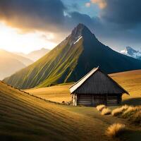 ai generativo paisaje montaña con choza foto