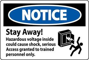Notice Sign Stay Away Hazardous Voltage Inside Could Cause Shock, Access Granted Trained Personnel Only vector