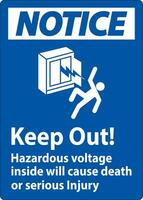 Notice Sign Keep Out Hazardous Voltage Inside, Will Cause Death Or Serious Injury vector