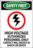 Safety First Sign High Voltage, Authorized Personnel Only, Contact Will Result In Shock Or Death vector