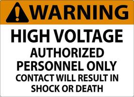 Warning Sign High Voltage, Authorized Personnel Only, Contact Will Result In Shock Or Death vector