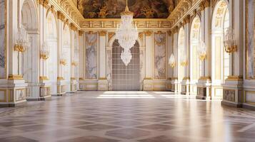 Photo of the room featuring the interior design of the Palace of Versaille, France. Generative AI